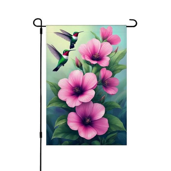 JOOCAR Linen Garden Flag with Hummingbirds and Pink Flowers for Spring Summer Home Outdoor Garden Yard Door Decor 12x18 inch