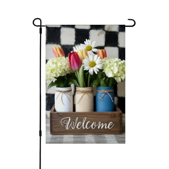 JOOCAR Linen Garden Flag with Mason Jar Flower Design for Spring Summer Home Outdoor Garden Yard Door Decor 12x18 inch