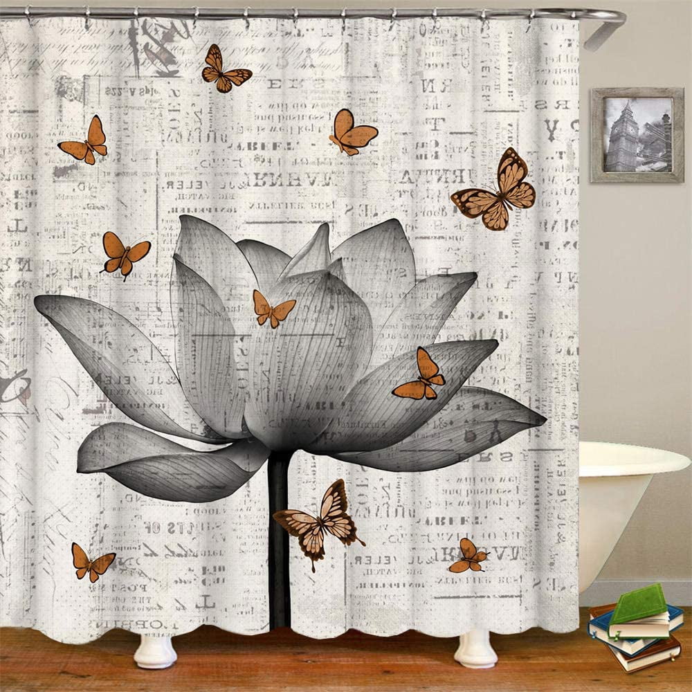 UEAUUN Lotus Shower Curtain Black And Gold Flower Spa Spiritual Golden Floral Fabric Bathroom Decor Set With Hooks(70" Wx84 H