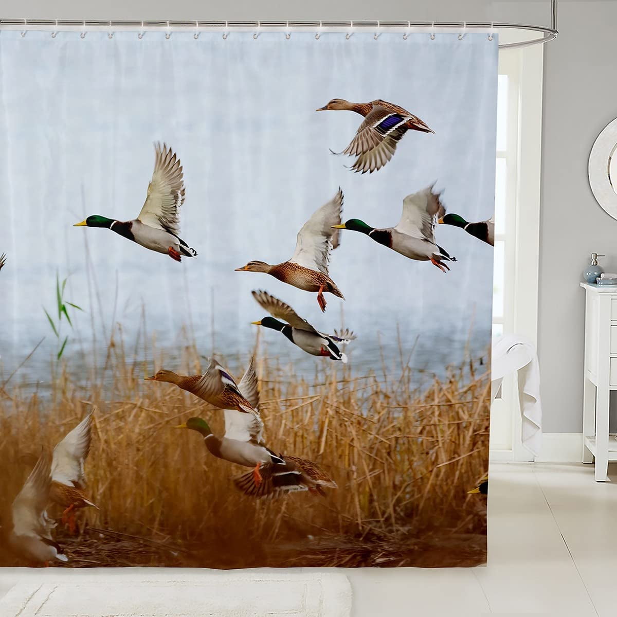 Duck Hunting Shower Curtain Dog Hunter Curtains Wild Animal Mallard Duck Bathroom Decor Hunting and Fishing Farmhouse Theme Bath Curtain Flying Duck