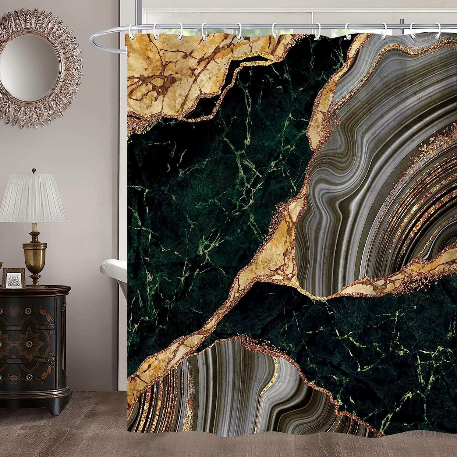 JOOCAR Marble Emerald Green Shower Curtain Set with 12 Hooks Washable