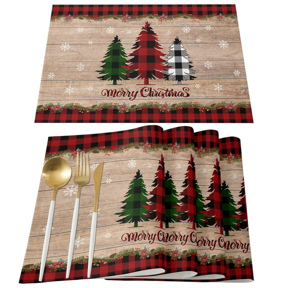 JOOCAR Merry Christmas Buffalo Plaid Xmas Tree Snowflake Linen Table Decoration Placemats Set of 4