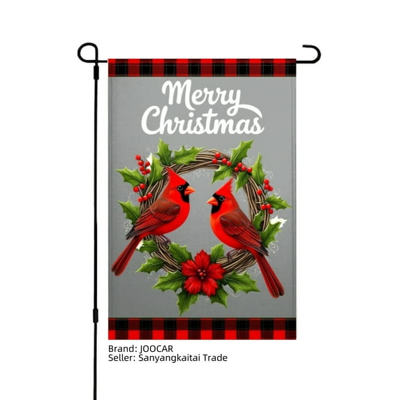 JOOCAR Merry Christmas Cardinal Wreath Linen Garden Flag for Winter Christmas Home Outdoor Garden Yard Door Decor 12x18 inch