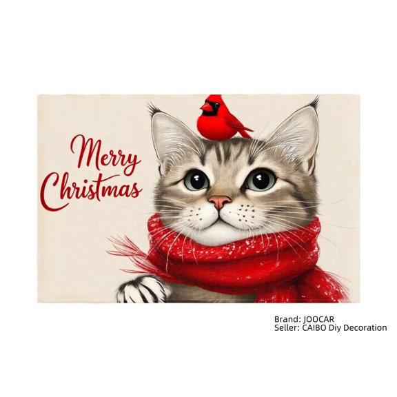 JOOCAR Merry Christmas Cat with Red Bird and Scarf Linen Table Mats Set of 4 for Home Kitchen Table Decor 12x18 inch