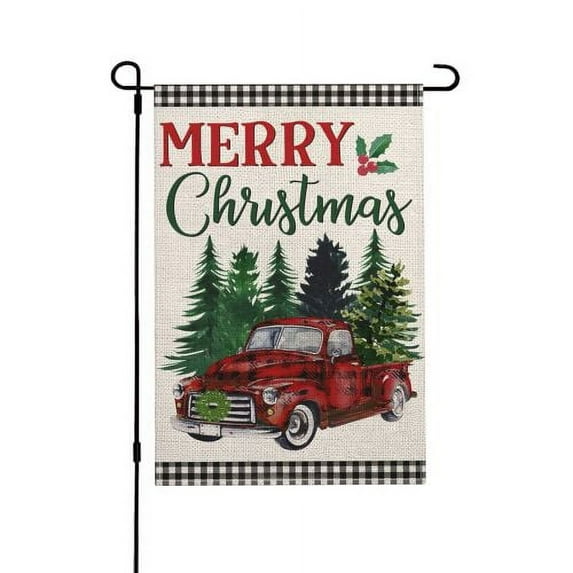 JOOCAR Merry Christmas Garden Flag Buffalo Plaid Double Sided Burlap Premium Fabric Christmas Red Truck and Christmas Tree Pattern Weather and Fade Size: 18 x 12 inches