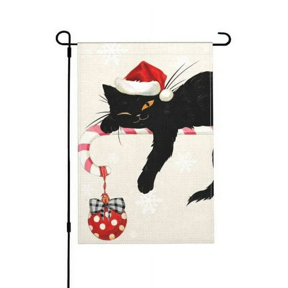JOOCAR Merry Christmas Garden Flag, Standard Size 18 x 12 Christmas Bells and Black Cat Pattern Weather Resistant Fade Resistant Double Sided Burlap High Quality Fabric , Winter Yard Outdoor Decor