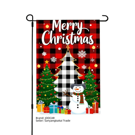 JOOCAR Merry Christmas Plaid Garden Flag with Snowman and Trees for Winter Christmas Home Outdoor Garden Yard Door Decor 12x18 inch