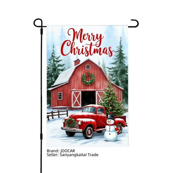 JOOCAR Merry Christmas Red Barn and Truck Garden Flag for Winter Christmas Home Outdoor Garden Yard Door Decor 12x18 inch