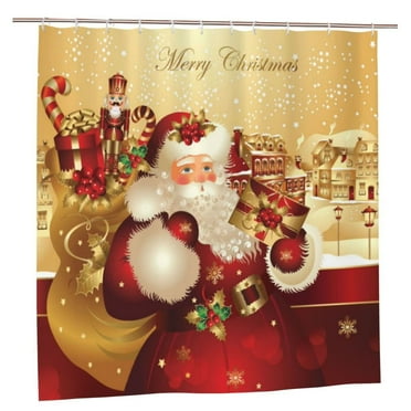 JOOCAR Merry Christmas Shower Curtain, Santa Claus Shower Curtains With 12 Hooks, Christmas Shower Curtain For Bathroom 72X72 inch