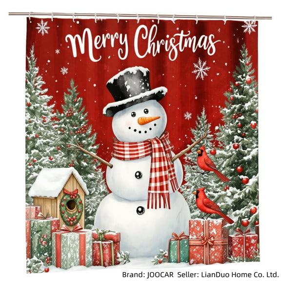 JOOCAR Merry Christmas Snowman Shower Curtain with Red Trees, Gifts, and Cardinals for Home Bathroom Bath Tub Decoration 72x72 inch