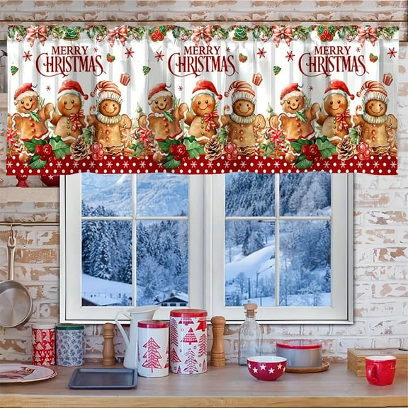 JOOCAR Merry Christmas Teddy Bear Polyester Window Valance Curtain for Indoor Living Room Bedroom Kitchen Decoration 54x18 inch