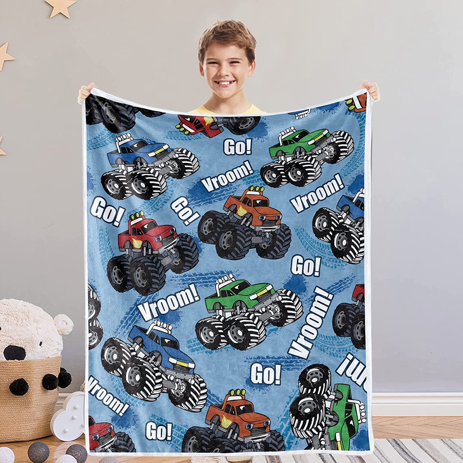 JOOCAR Monster Truck Blanket for Toddler Boys Car Throw Blankets Blue Soft Flannel Fleece