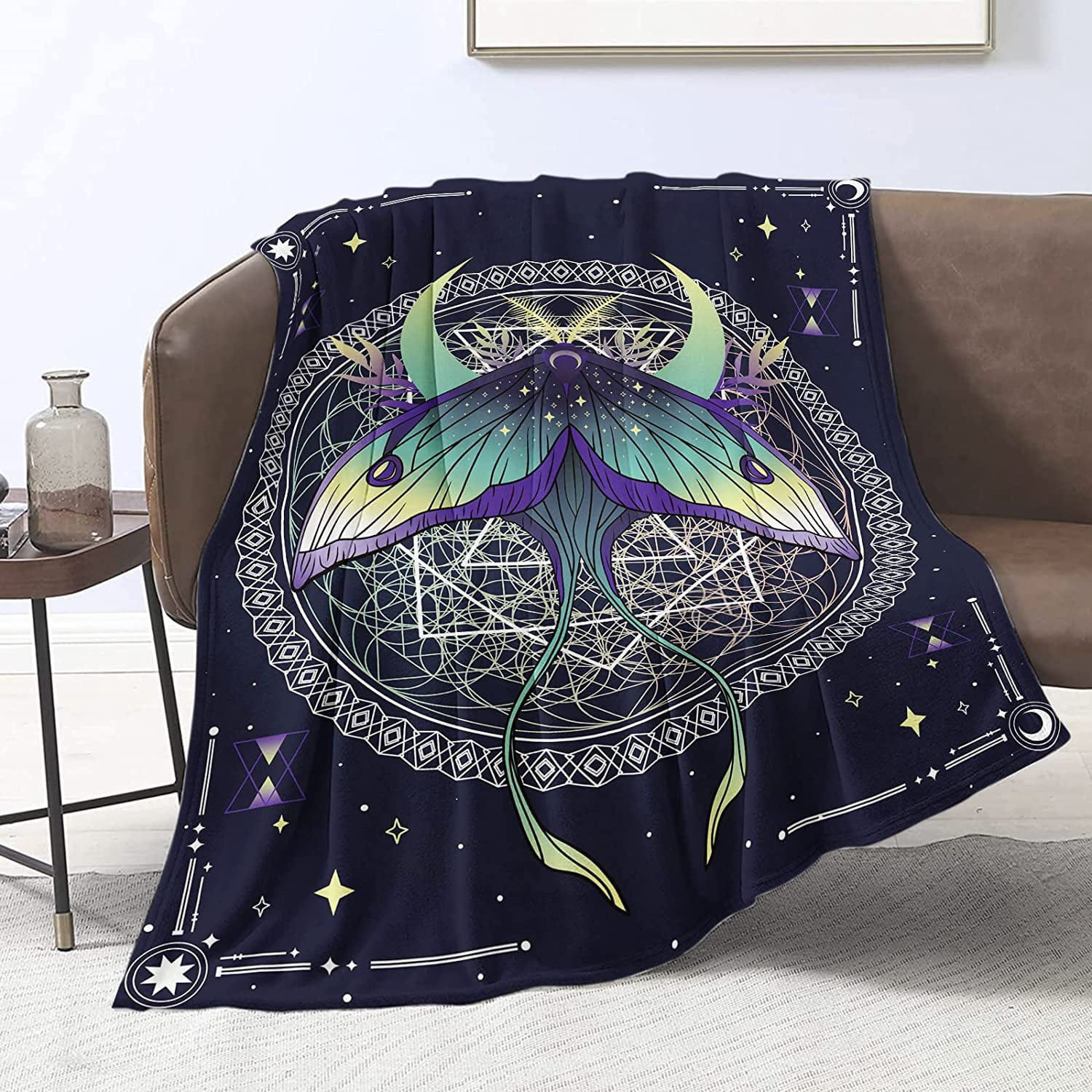 JOOCAR Moth Plush Blanket Witchy Moon Phase and Stars Purple Butterfly
