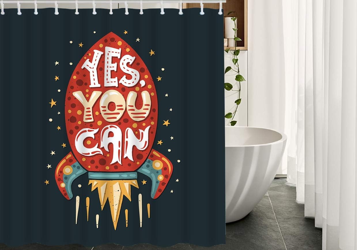 JOOCAR Motivational Quote Shower Curtain with Hooks Yes You Can Emotion  Rocket Rocket Stars Word Cartoon Fire Fabric Shower Curtain Decorative  72x72