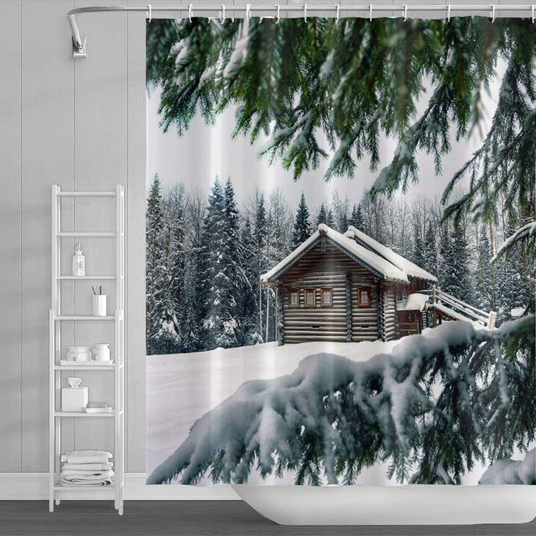 Joocar Nature Forest Shower Curtain Wonderland Winter Snow Christmas Curtains for Bathroom Polyester Waterproof Country House Scene with Plastic Hooks