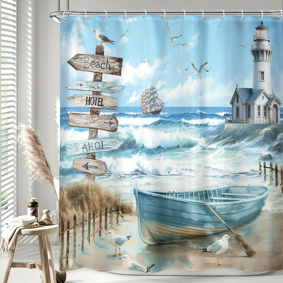 JOOCAR Nautical Beach Scene Polyester Shower Curtain with Lighthouse, Boat, and Signpost Design for Home Bathroom Bath Tub Decoration 72x72 inch
