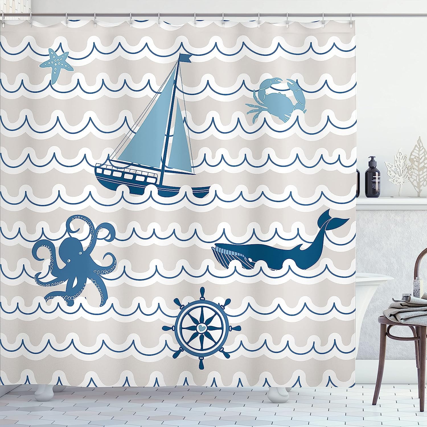 JOOCAR Nautical Shower Curtain, Wave Pattern Marine Elements Octopus Crab  Starfish Whale Art, Cloth Fabric Bathroom Decor Set with Hooks, 72x72,  Beige