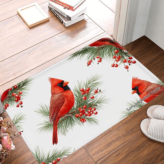 JOOCAR Non Slip Flannel Polyester Floor Mat With Cardinal And Berry Design For Bathroom Kitchen Bedroom Decor 16x24 inch