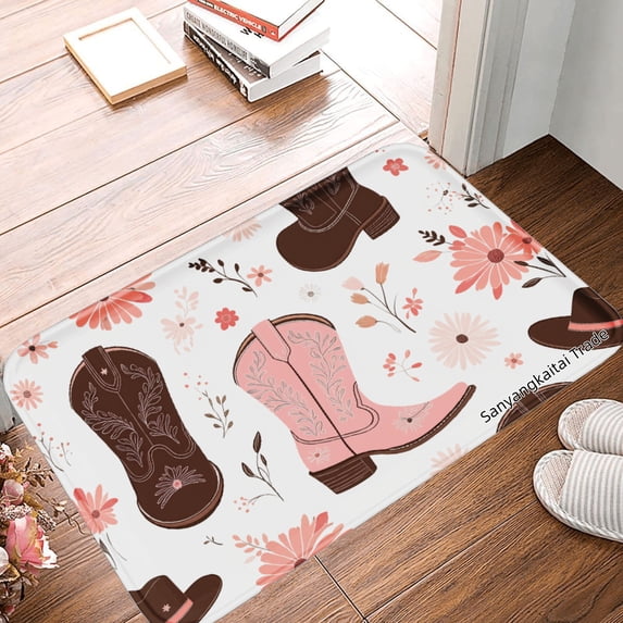 JOOCAR Non Slip Flannel Polyester Floor Mat With Cowboy Boots And Floral Design For Bathroom Kitchen Bedroom Decor 31.5x19.7 inch