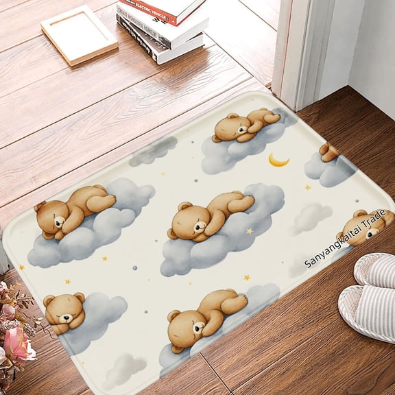 JOOCAR Non Slip Flannel Polyester Floor Mat With Cute Bear And Cloud Design For Bathroom Kitchen Bedroom Decor 16x24 inch