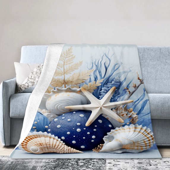 JOOCAR Ocean Seashell Starfish Flannel Throw Blanket For Gift Home Sofa Bed Decoration 60x50 inch