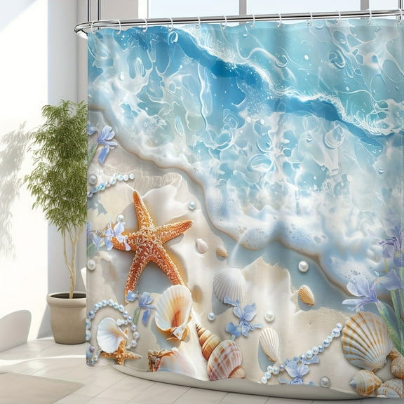 JOOCAR Ocean Waves Starfish Seashell Shower Curtain for Home Bathroom Bath Tub Decoration 72x72 inch