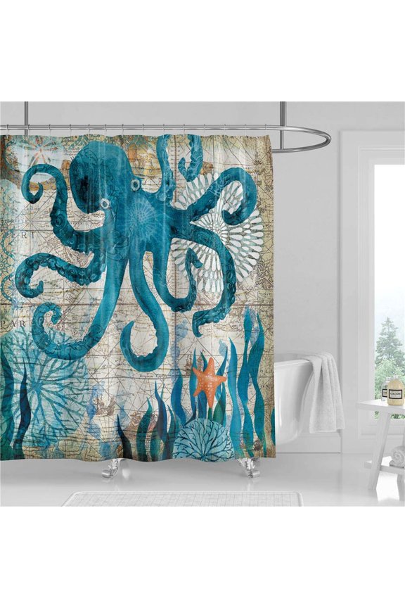 Octopus Shower Curtain,Ocean Themed Shower Curtain with 12Hooks,72X72inch