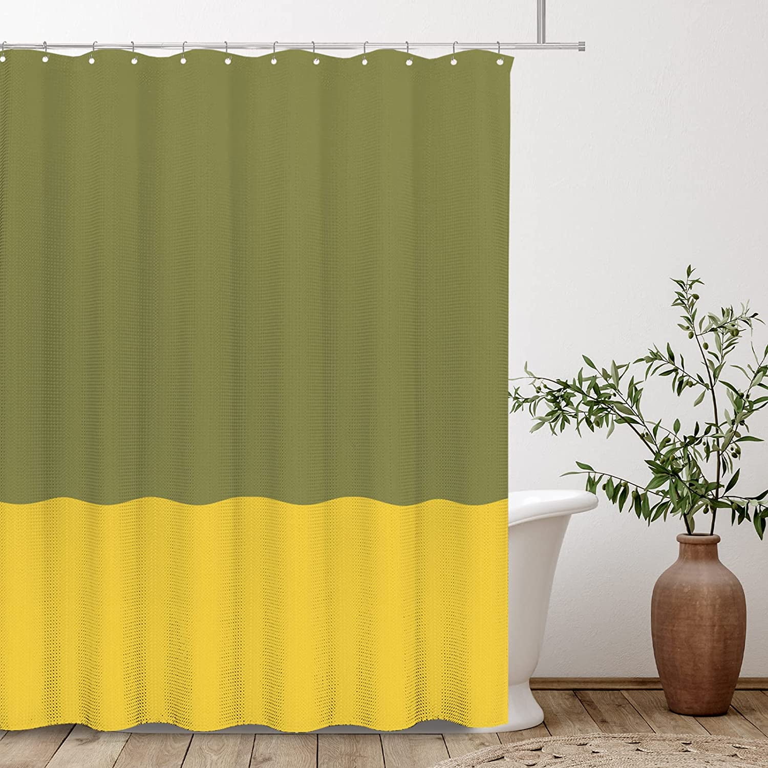https://i5.walmartimages.com/seo/JOOCAR-Olive-Green-Lemon-Yellow-2-Color-Splicing-Shower-Curtain-Texture-Fabric-Bathroom-Decorative-Waterproof-Curtian-72x72-Inch-with-12-Hooks_39b0cd48-2159-4005-8425-9023537eff42.a2e6f1e4210d30cd5dbbf70a31ebf6c3.jpeg