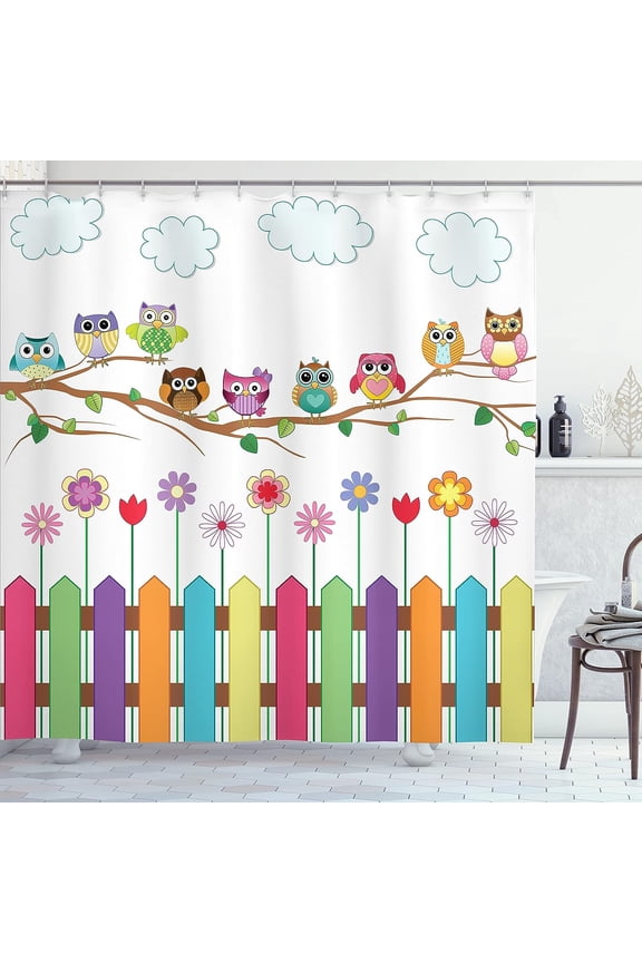Owls Shower Curtain, Owls on a Branch Sunny Day in Countryside Farmhouse Fences Wildflowers Holidays Art, Cloth Fabric Bathroom Decor Set with Hooks, 72" W x 72" L, Multicolor White Brown