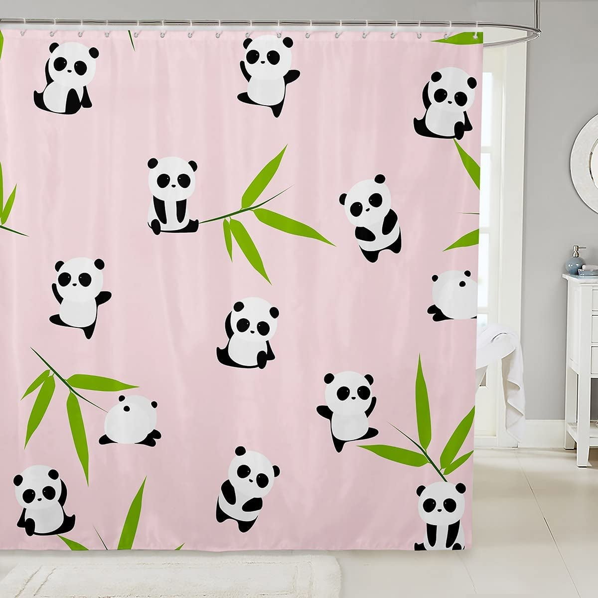 JOOCAR Panda Shower Curtain Kids Cute Animal Bathroom Shower Curtain Set for Cute Cartoon Panda