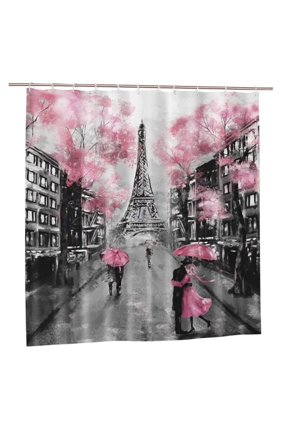 Paris Eiffel Tower Pink Valentine Polyester Bathroom Shower Curtain with 12 Hooks, 72×72 in
