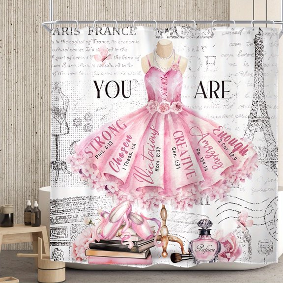 JOOCAR Fashion Dress Shower Curtain with Eiffel Tower and Romantic Elements for Home Bathroom Bath Tub Decoration 72x72 inch
