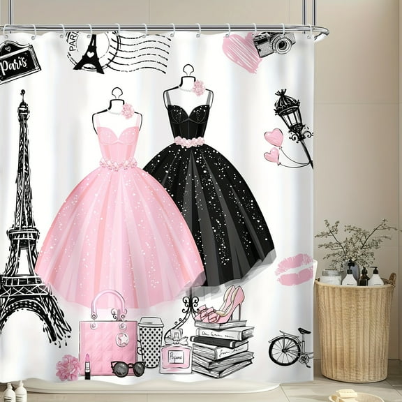 JOOCAR Paris Fashion Eiffel Tower Shower Curtain with Pink and Black Dresses, High Heels, and Accessories for Home Bathroom Bath Tub Decoration 72x72 inch
