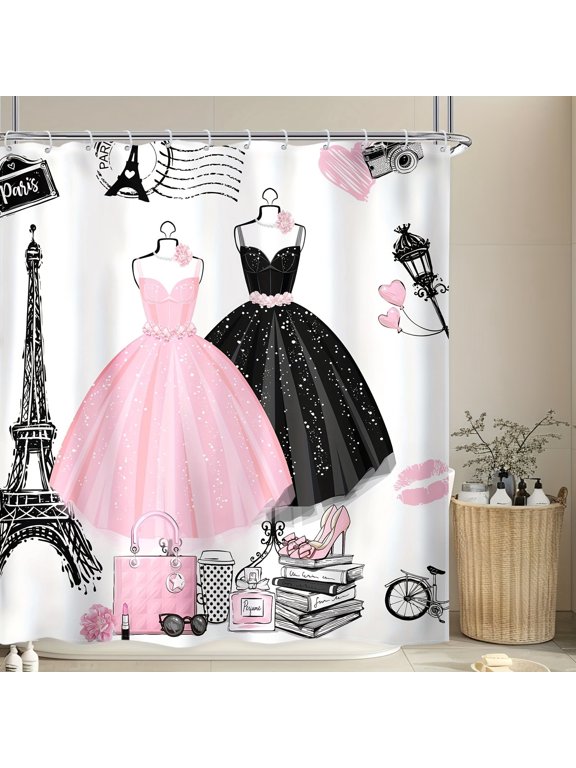 Fashion Eiffel Tower Shower Curtain with Pink and Black Dresses, High Heels, and Accessories for Home Bathroom Bath Tub Decoration 72x72 inch