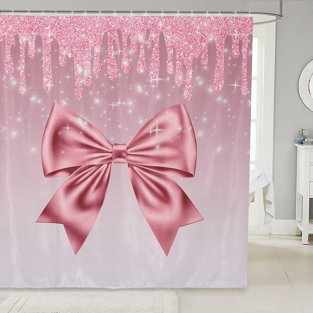 joocar-pink-bowknot-kids-shower-curtains-pink-shimmer-dreamy-bow-tie