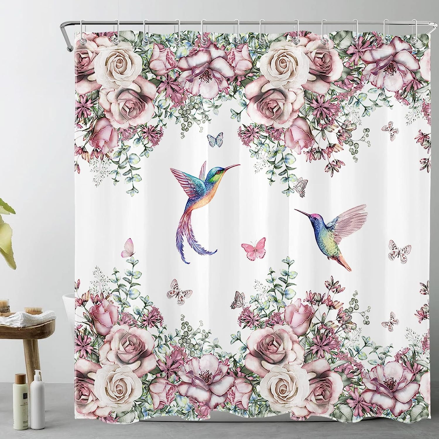 JOOCAR Pink Rose Flower Shower Curtain Cute Hummingbird Butterfly Shower  Curtain Set Vintage Green Plant Shower Curtains for Bathroom Long  Waterproof Washable Fabric with Hooks,72X72 inch 