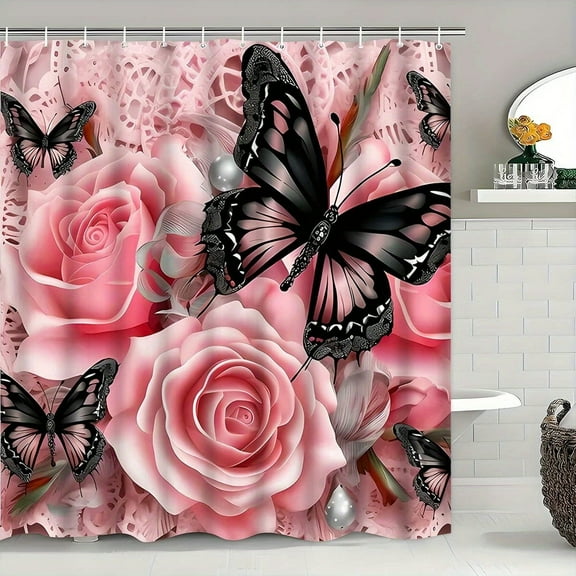 JOOCAR Pink Roses and Black Butterflies Polyester Shower Curtain for Home Bathroom Bath Tub Decoration 72x72 inch