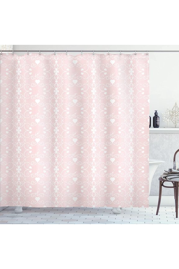 Pink and White Shower Curtain Girly with Curly Leaves Hearts Flowers with Hooks 72x72 Blush