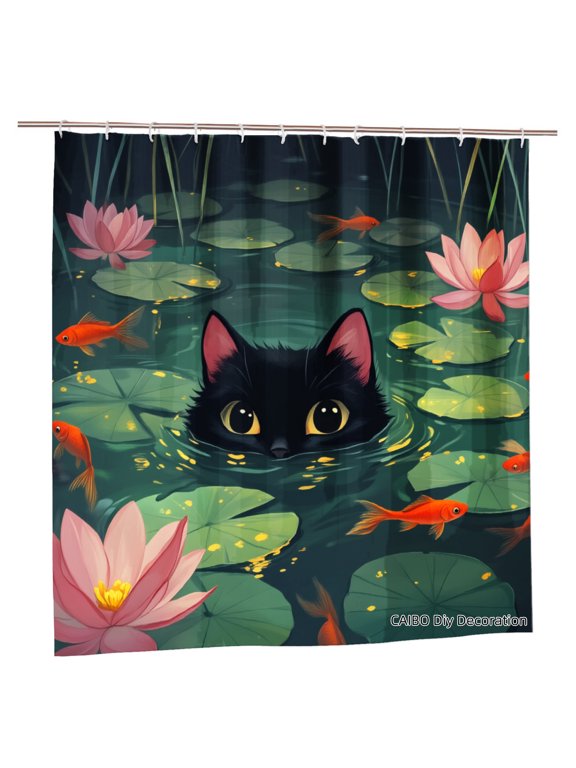 Polyester Shower Curtain Black Cat In Pond With Lotus Flowers And Goldfish For Home Bathroom Bath Tub Decoration 72x72 inch