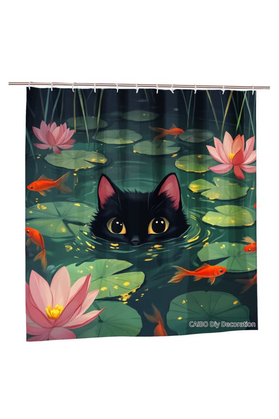 Polyester Shower Curtain Black Cat In Pond With Lotus Flowers And Goldfish For Home Bathroom Bath Tub Decoration 72x72 inch