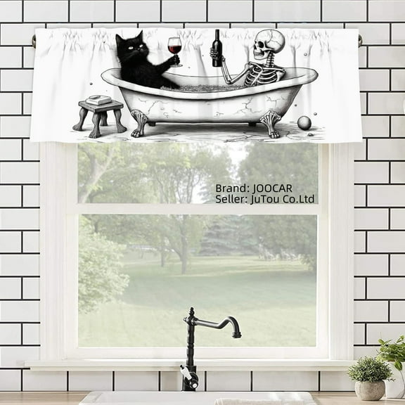 JOOCAR Polyester Window Valance Curtain with Black Cat and Skeleton in Bathtub Design for Home Kitchen Living Room Bedroom Bathroom Decor 54x18 inch