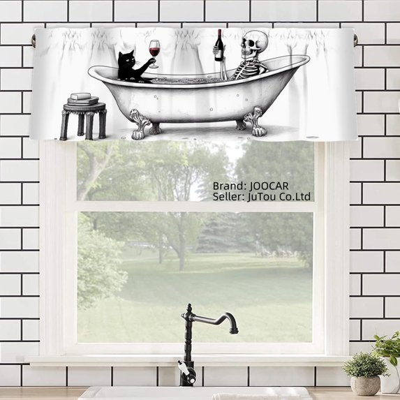 JOOCAR Polyester Window Valance Curtain with Skeleton and Cat in Bathtub Design for Home Kitchen Living Room Bedroom Bathroom Decor 54x18 inch