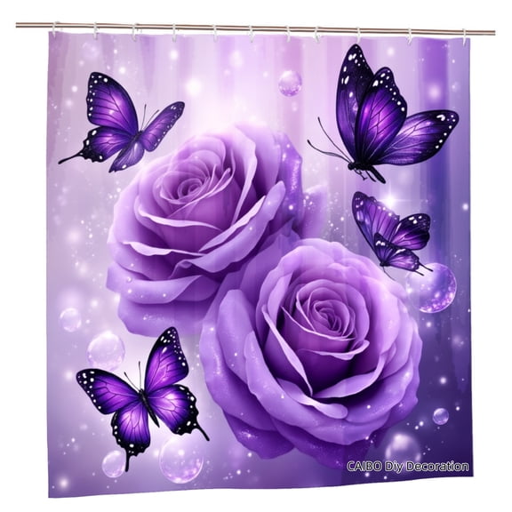 JOOCAR Purple Roses And Butterflies Polyester Shower Curtain For Home Bathroom Bath Tub Decoration 72x72 inch