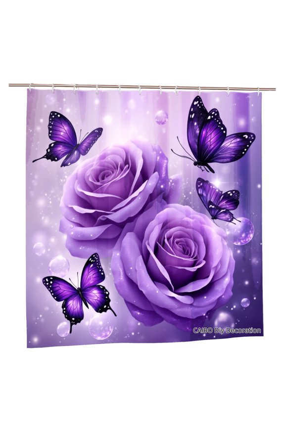 Purple Roses And Butterflies Polyester Shower Curtain For Home Bathroom Bath Tub Decoration 72x72 inch