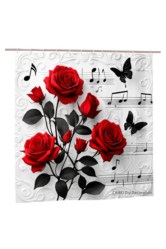 Red Roses And Music Notes Polyester Shower Curtain For Home Bathroom Bath Tub Decoration 72x72 inch