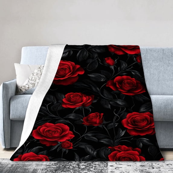 JOOCAR Red Roses On Black Flannel Throw Blanket For Gift Home Sofa Bed Decoration 60x50 inch
