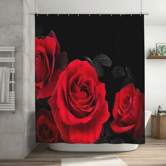 JOOCAR Red Shower Curtain for Bathroom Rose Shower Curtain Black and Red Shower Curtains Red Rose Shower Curtain with Hooks Black Floral Flower Decorative Pretty Valentine Gift, 72 x 72 Inch