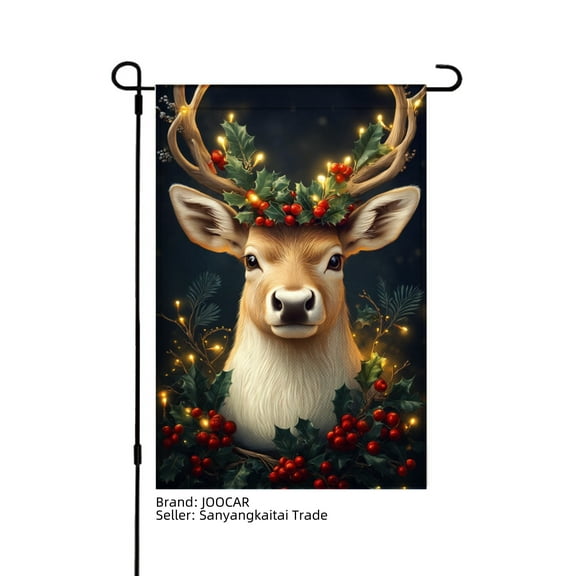 JOOCAR Reindeer with Holly and Lights Garden Flag for Winter Christmas Home Outdoor Garden Yard Door Decor 12x18 inch