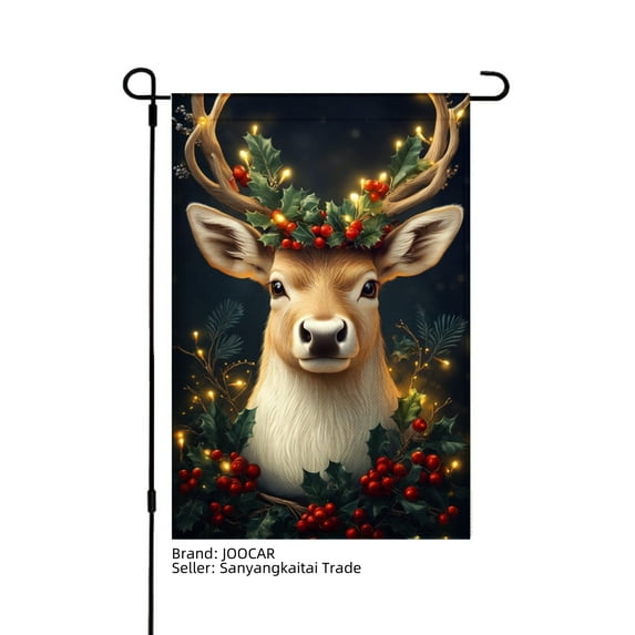 JOOCAR Reindeer with Holly and Lights Garden Flag for Winter Christmas Home Outdoor Garden Yard Door Decor 12x18 inch