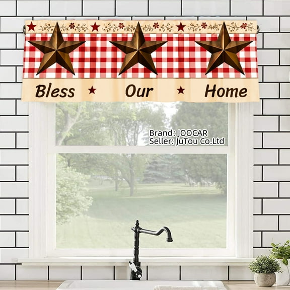 JOOCAR Road Pocket Polyester Window Valance Curtain Bless Our Home Red Checkered Stars Design for Indoor Living Room Bedroom Kitchen Decoration 54x18 inch